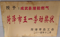 成武县AG尊时凯龙人生就博官方网站燃气有限公司获得2014年度“菏泽市五一劳动奖状”及“菏泽市学习型组织标兵单位”称号